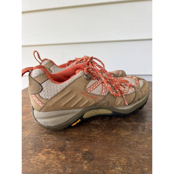 Merrell Womens Hiking Shoes Size 7 Vibram Sole Tan & Orange Mesh Leather Outdoor - Picture 2 of 5